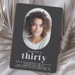 Convite Aniversário de 30 anos de Foto Mínima Moderna<br><div class="desc">Simples, mínimo e tão na moda, este convite de aniversário celebra alguém fazendo 30 anos. A simples design de preto plano e de fundo branco coloca a ênfase no convidado de honra enquanto se preparam para celebrar este importante aniversário de um marco. O único quadro oval tem um modelo de...</div>