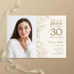Convite aniversário de 30 anos de Foto Surpresa Elegante D<br><div class="desc">Convite de festas de aniversário de 30 anos de surpresa de creme de ouro floral com sua foto na frente da placa. Elegante design moderno com desenhos botânicos desenhados em destaque e letra de script de tipografia. Simples trendy convida cartão perfeito para uma festa de na moda. Pode ser personalizado...</div>