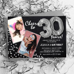 Convite Aniversário de 30 anos de Fotografia em Silver Bal<br><div class="desc">Celebrando a 30! Estes convites permitem-vos carregar uma fotografia, antes e depois, do aniversariante ou da mulher, num quadro de prata, com o título "Saúde a 30 Anos!". Apresentando um fundo calkboard rústico, balões de hélio com número prateado, flechas de brilho prateado sujo e uma simples modelo de festa de...</div>