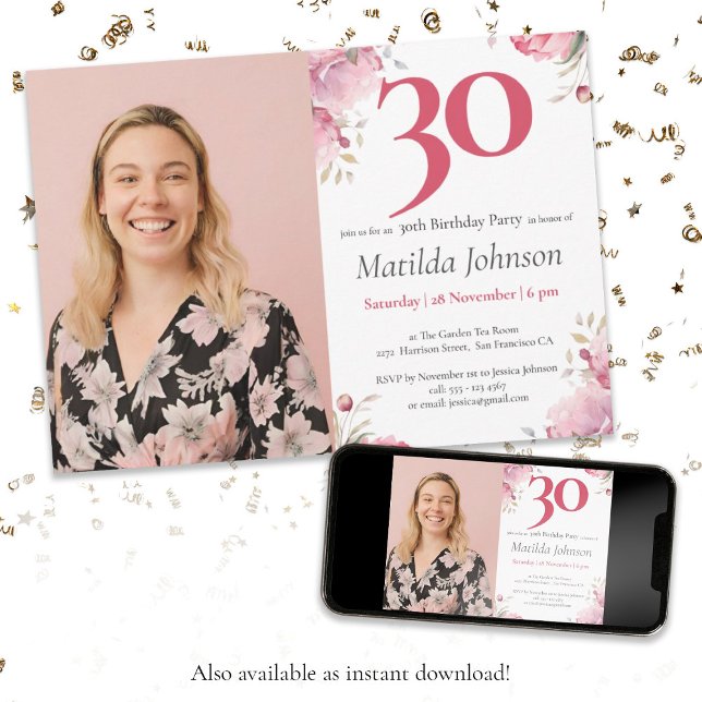Convite Aniversário de 30 anos de Fotografia Personalizada (Photo 30th Birthday Watercolor Floral Pink Custom Invitation)