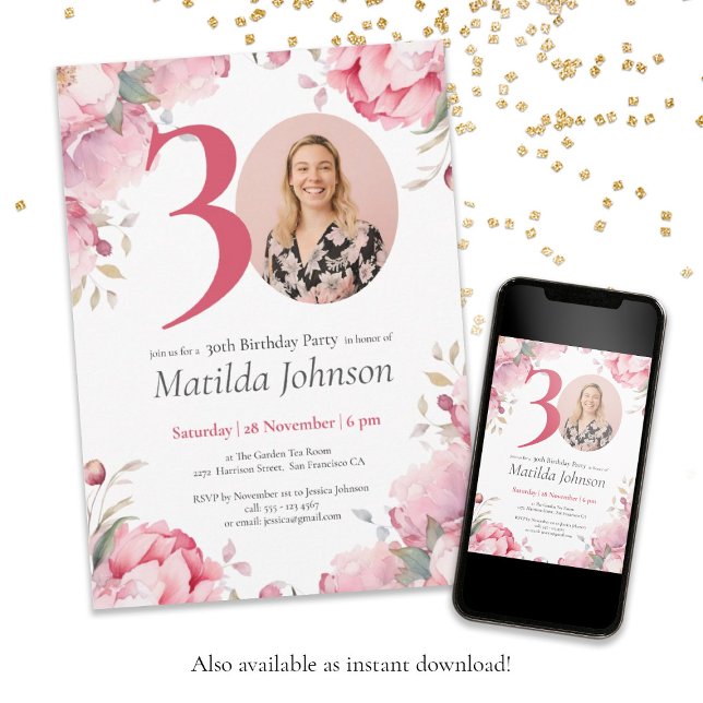 Convite Aniversário de 30 anos de Fotografia Personalizada (30th Birthday Pink Floral Botanical Custom Photo Invitation)