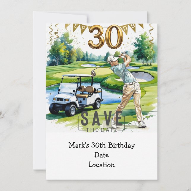 Convite Aniversário de 30 anos de golfe com carrinho de go (Frente)