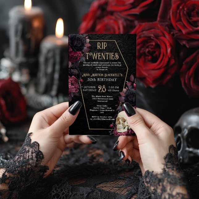 Convite aniversário de 30 anos de Gothic de 20 anos florai (floral Damask RIP Twenties Gothic 30th Birthday Invitation)