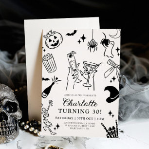 Convite Aniversário de 30 anos de Halloween Desenhado Mão