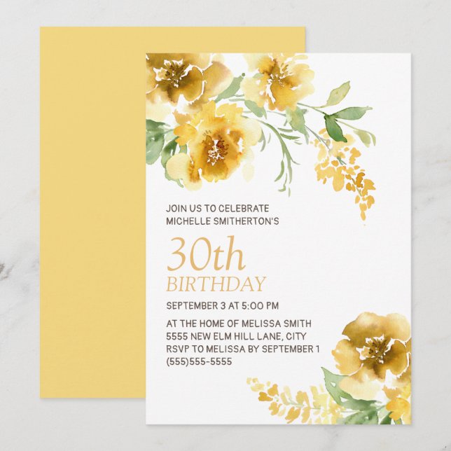 Convite Aniversário de 30 anos de mulheres com flores de a (Frente/Verso)