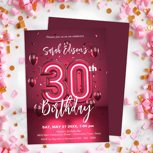 Convite Aniversário de 30 anos de Neon Rosa Vibrante com B (Criador carregado)