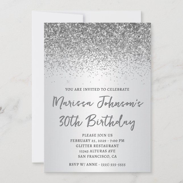 Convite Aniversário de 30 anos de Ombre Silver Glitter Spa (Frente)