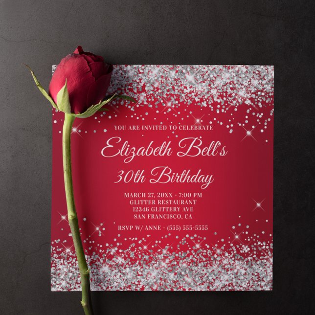 Convite Aniversário de 30 anos de Ombre Vermelho brilhante (Sparkly Silver Glitter Red Ombre Birthday Invitation)