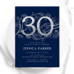 Convite Aniversário de 30 anos de Prata Azul Elegante do M<br><div class="desc">Convite de festas marinho azul-prateado Elegante. Design feminina moderna personalizável,  com sotaques botânicos rosas e prata brilhante fraca. Simples cartão de convite floral perfeito para uma comemoração de um na moda. Personalize com seus próprios detalhes. Impressos convites Zazzle ou modelo de impressão digital instantânea para download.</div>