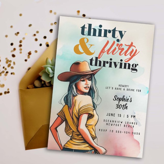 Convite Aniversário de 30 anos de Quic Ocidental 30 flores (thirty flirty thriving cowgirl western country watercolor woman fun 30th birthday invitation for her)