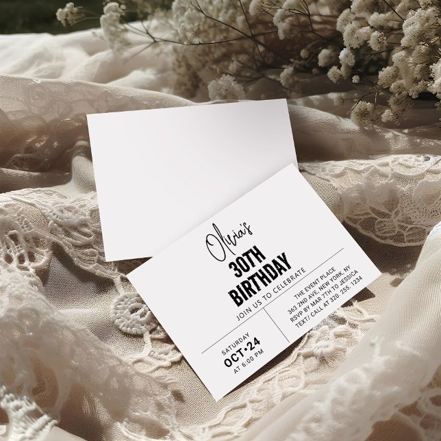 Convite Aniversário de 30 anos de Script Preto Chic Elegan (Criador carregado)