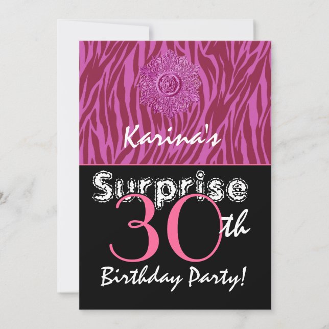 Convite aniversário de 30 anos de SURPREE Rosa e Zebra G40 (Frente)