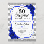 Convite Aniversário de 30 anos de surpresa - Azul branco p<br><div class="desc">Convite para aniversário de 30 anos surpresa. Branco feminino,  design azul real com prata brilhante falso. Apresenta faixas,  rosas de marinho,  fonte de script e confetti. Perfeito para uma bolsa mensageifesta de aniversario elegante. Pode ser personalizado para mostrar qualquer idade. Envie-me uma mensagem se precisar de mais personalização.</div>