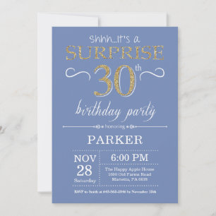 Convite Aniversário de 30 anos de surpresa azul e Dourado