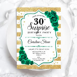 Convite Aniversário de 30 anos de Surpresa Branca Dourada<br><div class="desc">Convite de festas de aniversário de 30 anos surpresa. Design verde feminino com ouro brilhante falso. Apresenta faixas brancas e douradas, rosas, fontes de script e confetti. Perfeito para uma elegante comemoração de aniversário feminina. Pode ser personalizado para mostrar qualquer idade. Impressos convites Zazzle ou modelo de impressão digital instantânea...</div>