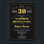 Convite Aniversário de 30 anos de surpresa - Branco Dourad<br><div class="desc">Convite para aniversário de 30 anos surpresa. Design de quadro retro elegante preto,  amarelo-dourado e branco. Até 30 anos! Pode ser personalizado para mostrar qualquer idade.</div>