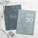 Convite Aniversário de 30 anos de Surpresa de Azul de Aço<br><div class="desc">Marinho simples e convite de festas azul-surpresa cinza. Design minimalista moderno na ardente azul empoeirado com sotaque botânico e letra tipográfica. A floral feminina branca e azul de aço convida o cartão perfeito para uma festa surpresa das mulheres na moda. Pode ser personalizado para qualquer idade.</div>