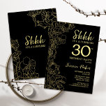 Convite aniversário de 30 anos de Surpresa Dourada Preta<br><div class="desc">Dourado Convite para aniversário de 30 anos de Surpresa Negra. A design feminina moderna minimalista apresenta sotaques botânicos e letra de script de tipografia. Simples cartão de convite floral perfeito para uma festa surpresa na moda.</div>