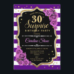 Convite Aniversário de 30 anos de surpresa - Dourado roxo<br><div class="desc">Convite para aniversário de 30 anos surpresa. Design de ouro roxo feminino com ouro brilhante falso. Apresenta faixas,  rosas roxos,  fontes de script e confetti. Perfeito para uma bolsa mensageifesta de aniversario elegante. Pode ser personalizado para mostrar qualquer idade. Envie-me uma mensagem se precisar de mais personalização.</div>