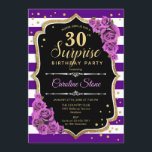 Convite Aniversário de 30 anos de surpresa - Dourado roxo<br><div class="desc">Convite para aniversário de 30 anos surpresa. Design de ouro roxo feminino com ouro brilhante falso. Apresenta faixas,  rosas roxos,  fontes de script e confetti. Perfeito para uma bolsa mensageifesta de aniversario elegante. Pode ser personalizado para mostrar qualquer idade. Envie-me uma mensagem se precisar de mais personalização.</div>