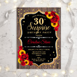 Convite Aniversário de 30 anos de surpresa - Girassóis rus<br><div class="desc">Convite para aniversário de 30 anos surpresa. Design branco, branco, vermelho e rústico feminino com ouro brilhante. Apresenta padrão de madeira, rosas vermelhas, girassóis, fontes de script e confetti. Perfeito para uma bolsa mensageifesta de aniversario elegante. Pode ser personalizado para mostrar qualquer idade. Envie-me uma mensagem se precisar de mais...</div>