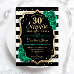 Convite Aniversário de 30 anos de Surpresa Preta Dourada V<br><div class="desc">Convite de festas de aniversário de 30 anos surpresa. Design verde feminino preto, branco e esmeralda com ouro brilhante falso. Apresenta faixas pretas e brancas, rosas, fontes de script e confetti. Perfeito para uma elegante comemoração de aniversário feminina. Pode ser personalizado para mostrar qualquer idade. Impressos convites Zazzle ou modelo...</div>
