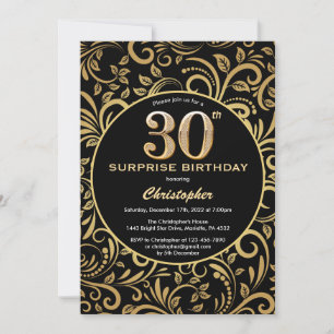Convite Aniversário de 30 anos de surpresa preto e Dourado