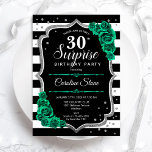 Convite Aniversário de 30 anos de Surpresa Verde de Prata<br><div class="desc">Convite de festas de aniversário de 30 anos surpresa. Design verde feminino preto, branco e esmeralda com prata brilhante falso. Apresenta faixas pretas e brancas, rosas, fontes de script e confetti. Perfeito para uma elegante comemoração de aniversário feminina. Pode ser personalizado para mostrar qualquer idade. Impressos convites Zazzle ou modelo...</div>