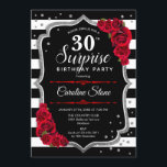 Convite Aniversário de 30 anos de surpresa - Vermelho bran<br><div class="desc">Convite para aniversário de 30 anos surpresa. Design branco,  preto feminino,  vermelho com prata brilhante. Apresenta faixas pretas e brancas,  rosas vermelhas,  fontes de script e confetti. Perfeito para uma bolsa mensageifesta de aniversario elegante. Pode ser personalizado para mostrar qualquer idade. Envie-me uma mensagem se precisar de mais personalização.</div>