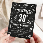 Convite Aniversário de 30 anos de surpresas do chalkboard<br><div class="desc">Uau, seus amigos e família com este Convite de festas de aniversário de 30 anos 'Shhh... é uma surpresa' único e divertido. O fundo da lousa lousa e ilustrações bonitas desenhadas à mão fazem dele um ajustado perfeito para qualquer surpresa de aniversário. Personalize facilmente os detalhes do seu evento para...</div>