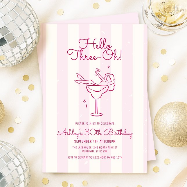 Convite Aniversário de 30 anos De Vidro De Cocktail Desenh (Retro pink hand drawn cocktail on vintage stripe 30th birthday invitation with whimsical font)