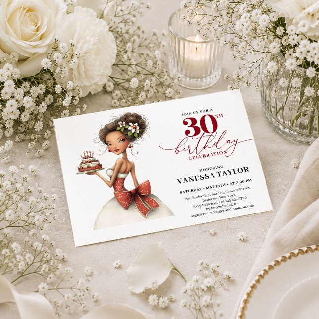 Convite Aniversário de 30 anos Deep Red Mulher Excêntrica  (Deep Red 30th Birthday Quirky Woman Whimsical Party Card

)