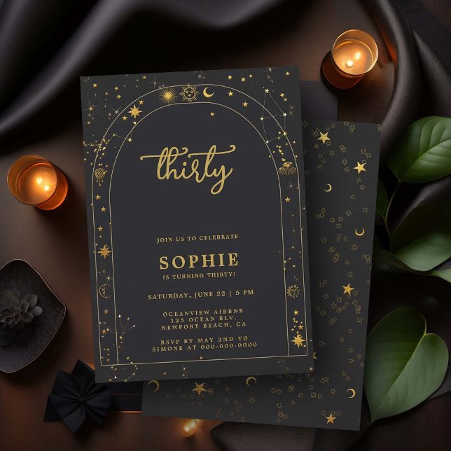 Convite Aniversário de 30 anos do Arco de Boho da Astrolog (celestial constellation horoscope mystic tarot 30th birthday invitation black gold boho arch fortune)