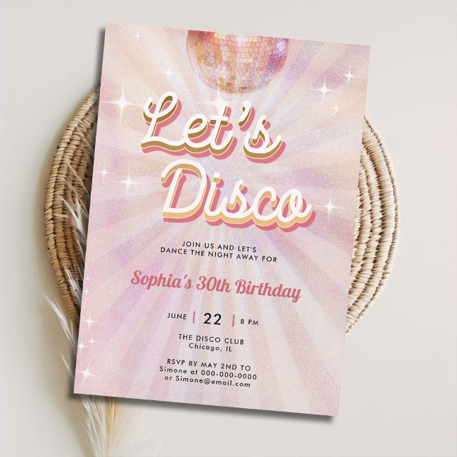 Convite Aniversário de 30 anos do Dance Party 70s do Disco (groovy disco 70s dance party 30th birthday invitation girls blush pink vintage retro sparkle glitter)