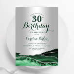 Convite Aniversário de 30 anos do Emerald Green Silver Aga<br><div class="desc">Emerald Green e aniversário de 30 anos convite de festas prateado. Elegante design moderno com aquarela agate marble geode background,  faux glitter prata e tipografia. Trendy convida o cartão perfeito para uma comemoração de dia das mulheres na moda. Impressos convites Zazzle ou modelo de impressão digital instantânea para download.</div>