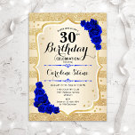 Convite aniversário de 30 anos - Douradas Bandas Rosas Azu<br><div class="desc">Convite para aniversário de 30 anos. Design elegante em ouro e azul real. Apresenta fitas de ouro com brilho sutil,  fonte de script na moda e confetti rosa de de safira. Perfeito para uma festa de aniversário de vidro.</div>