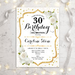 Convite aniversário de 30 anos - Douradas Rosas Brancas<br><div class="desc">Convite para aniversário de 30 anos elegante. Na moda em branco e ouro. Possui rosas brancas,  cor damasco e falso confetti. Perfeito para uma festa de aniversário branca. Pode ser personalizado para mostrar qualquer idade. Envie-me uma mensagem se precisar de mais personalização.</div>