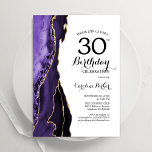 Convite Aniversário de 30 anos Dourado de Agato Roxo<br><div class="desc">Convite de festas de aniversário de 30 anos roxo, branco e dourado. Elegante design moderno com aquarela agate marble geode background, faux glitter gold e typografia script font. Trendy convida o cartão perfeito para uma comemoração de dia das mulheres na moda. Impressos convites Zazzle ou modelo de impressão digital instantânea...</div>
