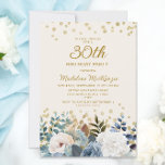 Convite Aniversário de 30 anos Dourado Floral Branco Azula<br><div class="desc">Rosas brancas e azuis empoeiradas,  aniversário de 30 anos floral e verde de mulheres com brilho dourado. Este convite é impresso em ambos os lados. Entre em contato comigo para obter assistência com suas personalizações ou para solicitar outros produtos Zazzle correspondentes ou coordenadores para o seu partido.</div>