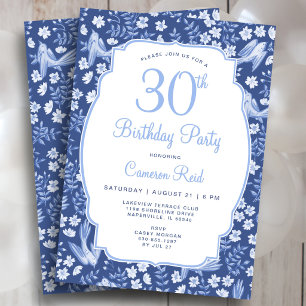 Convite Aniversário de 30 anos Elegante Floral Azul Femini