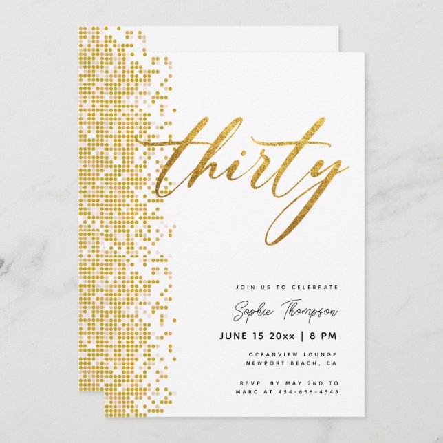 Convite Aniversário de 30 anos Elegante Geométrico Dourado (Frente/Verso)