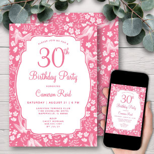 Convite Aniversário de 30 anos Elegante Rosa Floral Femini