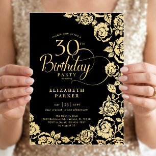 Convite Aniversário de 30 anos Elegante Rosas Preto e Dour