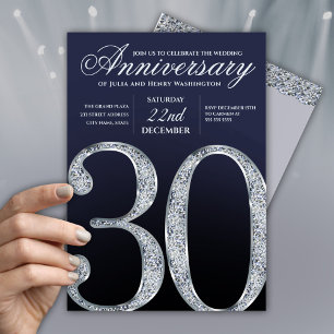 Convite Aniversário de 30 anos em Diamante Prata Azul Nava