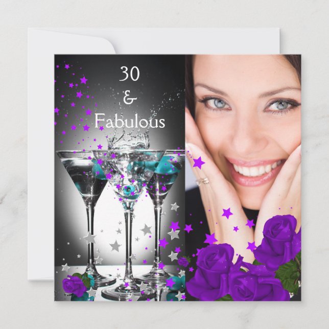 Convite Aniversário de 30 anos Fabuloso com Rosas Teal Rox (Frente)