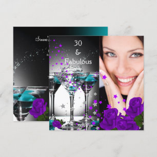 Convite Aniversário de 30 anos Fabuloso Rosas Roxo Teal Fo