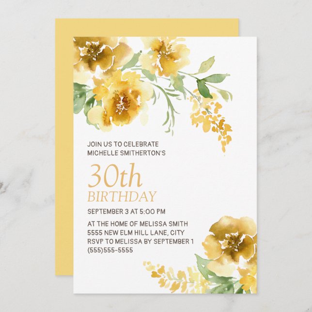 Convite Aniversário de 30 anos Floral Amarelo (Frente/Verso)