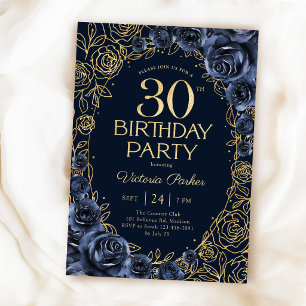 Convite Aniversário de 30 anos Floral Azul Naval Dourado