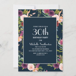 Convite Aniversário de 30 anos Floral Blush Azul