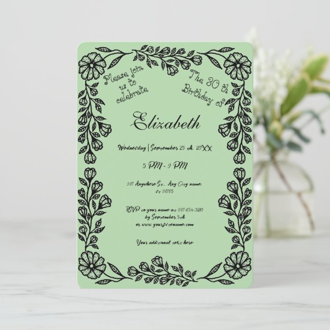Convite Aniversário de 30 anos Floral Botânico Verde-Pálid (Em pé/Frente)